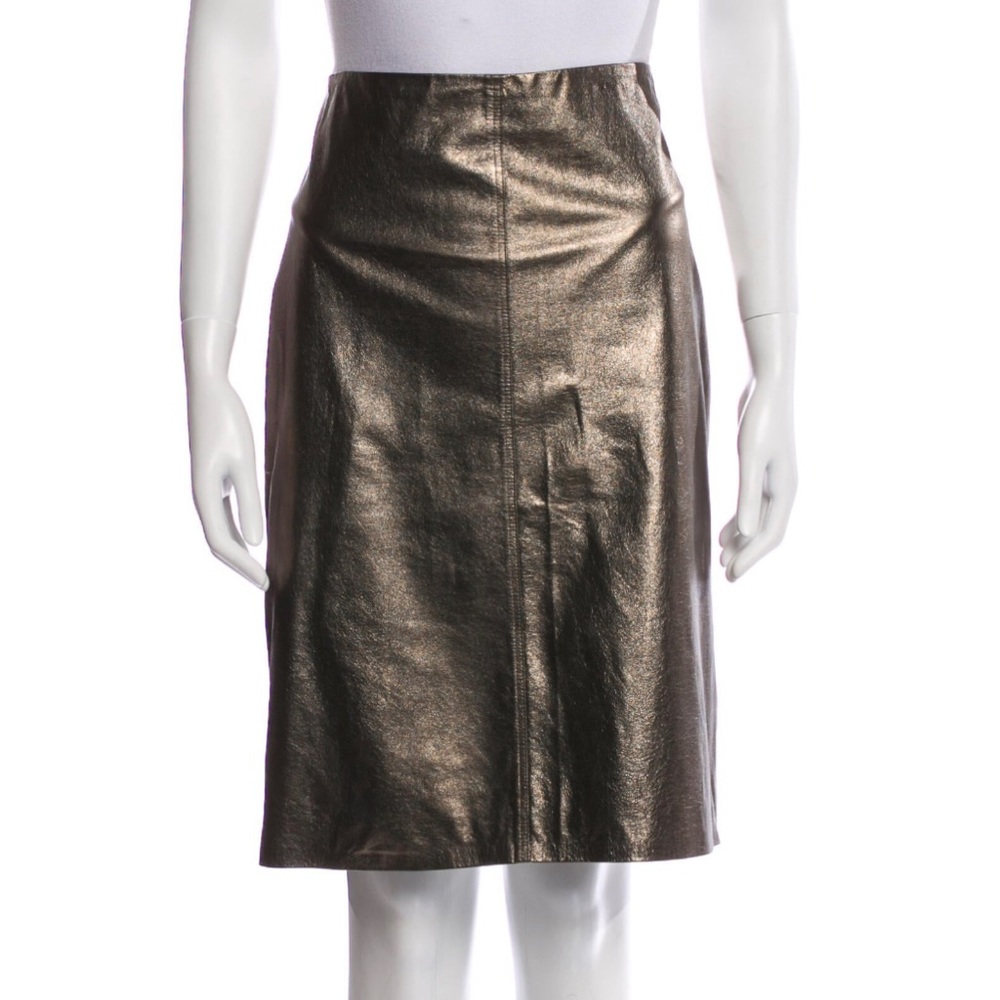 Brunello Cucinelli 100% Leather Gold Metallic Knee-Length Skirt, Size 6